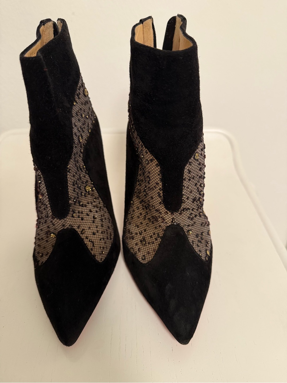 Christian Louboutin Black Suede & Mesh Pointed Ankle Booties with Stud Accents
